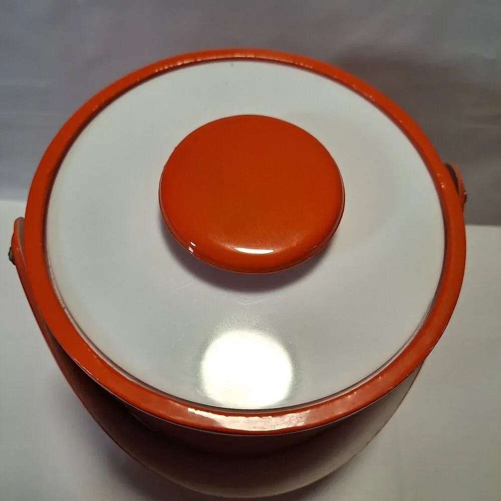 Retro Orange Mid Century Modern Ice Bucket Vinyl & White PVC Tonal Orange  Knob